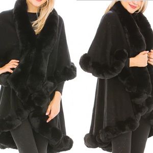 Black High Quality Double Faux Fur Collared Cape